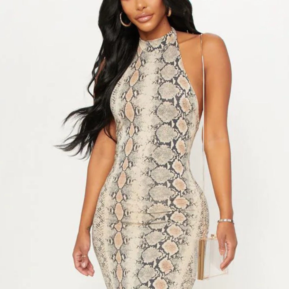 Shape Taupe Snake Print Halterneck Midi Dress - Picture 9 of 9